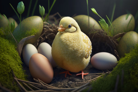 These cute little chicks are ready for Easter with their colorful eggsの素材