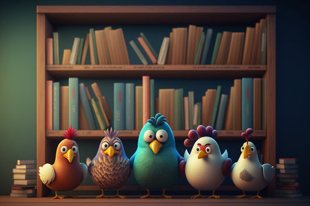 A flock of chickens finds adventure in the library as they explore the books on the shelvesの素材