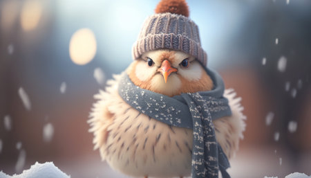 This funny chicken is ready for winter with a cozy scarf and hat to stay warm in the snow.の素材