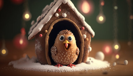 This crazy chicken just couldn't resist a photo op in front of a gingerbread house.の素材