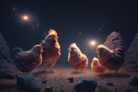 Four chickens sitting in a sandy desert at night, gazing at the starry sky aboveの素材