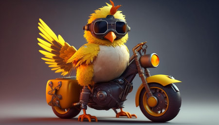 This cool and funny chicken is ready to ride in style on its tuned-up toy motorcycle, complete with racer gogglesの素材
