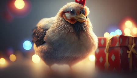 This festive chicken is bringing some Christmas cheer with a special gift in handの素材