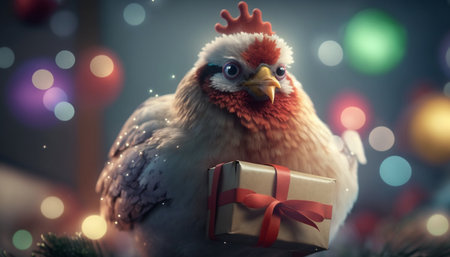 This festive chicken is bringing some Christmas cheer with a special gift in handの素材