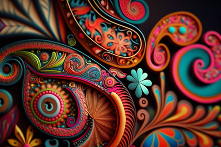 Colorful paisley pattern inspired by the 60s hippie movement, featuring rainbow colorsの素材