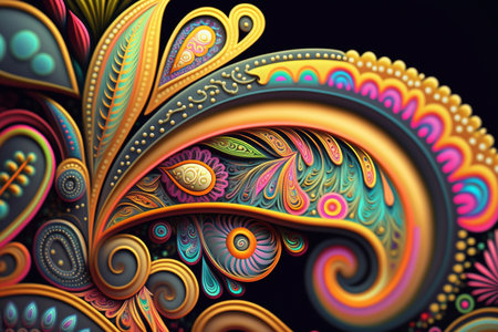 Colorful paisley pattern inspired by the 60s hippie movement, featuring rainbow colorsの素材