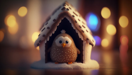 A cute and fluffy chicken posing in front of a festive gingerbread houseの素材