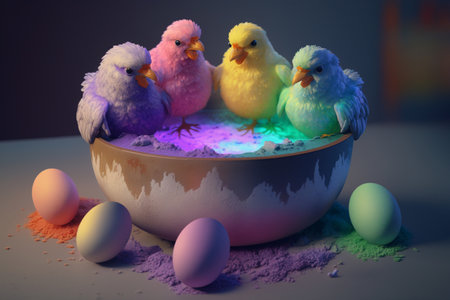 Cute little chicks are having fun painting Easter eggs and they are all colorful themselvesの素材
