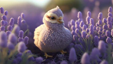 Adorable little chicken enjoys the beauty of the lavender fieldの素材