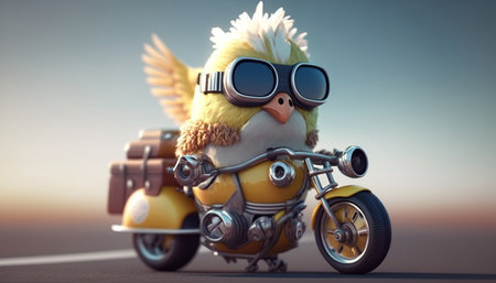 This cool and funny chicken is ready to ride in style on its tuned-up toy motorcycle, complete with racer gogglesの素材