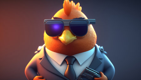 A rooster in a suit and sunglasses resembling a personal bodyguardの素材
