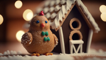 This adorable gingerbread chicken adds a touch of sweetness to the already delicious gingerbread house.の素材