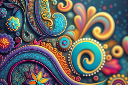 Colorful paisley pattern inspired by the 60s hippie movement, featuring rainbow colorsの素材