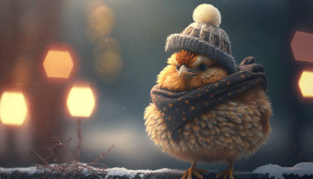 This funny chicken is ready for winter with a cozy scarf and hat to stay warm in the snow.の素材