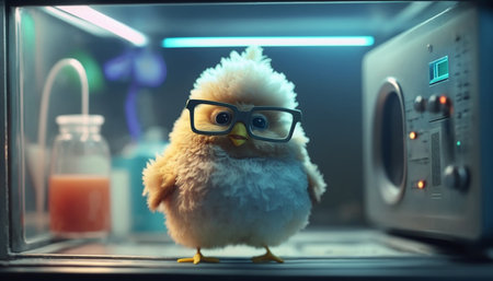 A humorous hen with spectacles stands in a laboratory holding a test tubeの素材