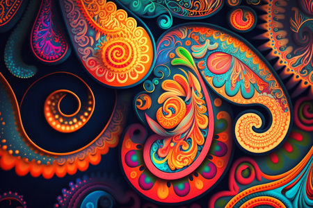 Colorful paisley pattern inspired by the 60s hippie movement, featuring rainbow colorsの素材