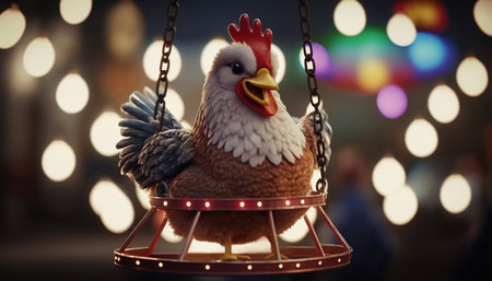A whimsical chicken enjoying the ride on a carousel.の素材