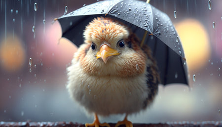 A cute little chick stands with an umbrella in the rainの素材