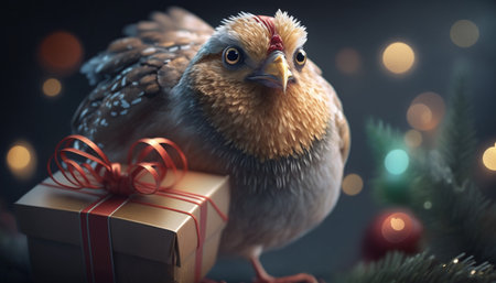 This festive chicken is bringing some Christmas cheer with a special gift in handの素材