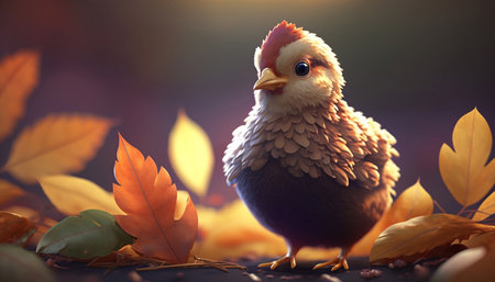 A cute little chicken sits amongst the colorful autumn leaves, enjoying the beautiful season.の素材