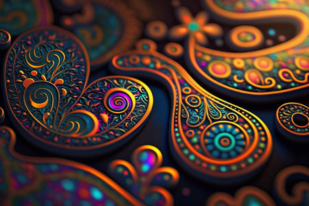 Colorful paisley pattern inspired by the 60s hippie movement, featuring rainbow colorsの素材