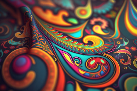 Colorful paisley pattern inspired by the 60s hippie movement, featuring rainbow colorsの素材