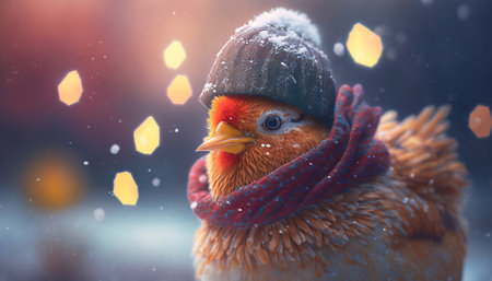 This funny chicken is ready for winter with a cozy scarf and hat to stay warm in the snow.の素材