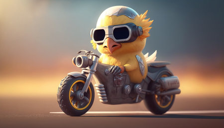 This cool and funny chicken is ready to ride in style on its tuned-up toy motorcycle, complete with racer gogglesの素材