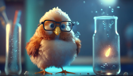 A humorous hen with spectacles stands in a laboratory holding a test tubeの素材