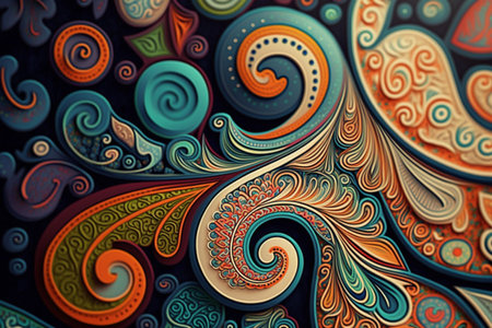 Colorful paisley pattern inspired by the 60s hippie movement, featuring rainbow colorsの素材