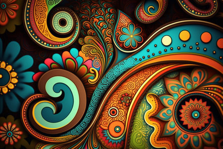 Colorful paisley pattern inspired by the 60s hippie movement, featuring rainbow colorsの素材