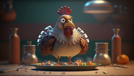 An angry chicken stares into the camera from a Thanksgiving plate with vegetables on a tableの素材