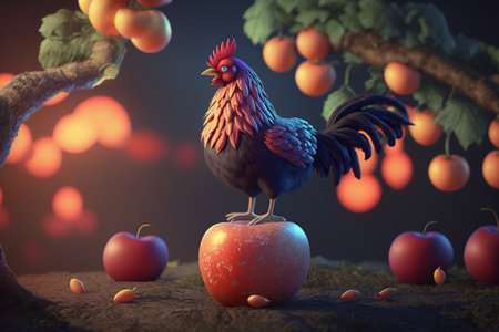 This funny chicken enjoys the shade under the apple tree while snacking on a fresh appleの素材