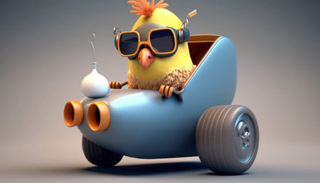 A cool and funny chicken with racer glasses revs up in a tuned toy car.の素材