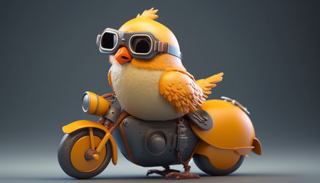 This cool and funny chicken is ready to ride in style on its tuned-up toy motorcycle, complete with racer gogglesの素材