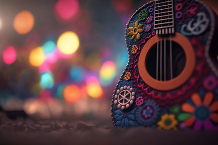 Unleash your inner musician with this expressive and colorful hippie guitar, perfect for creative soulsの素材