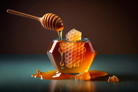 Illustration liquid honey dipper with dripping honey closeup beekeeper AI generatedの素材