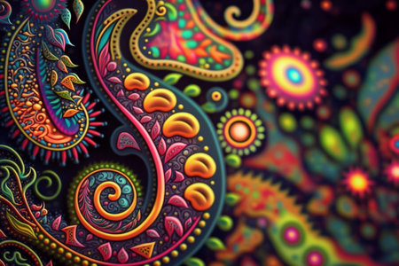 Colorful paisley pattern inspired by the 60s hippie movement, featuring rainbow colorsの素材