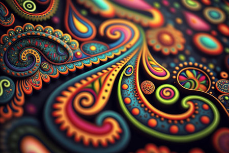 Colorful paisley pattern inspired by the 60s hippie movement, featuring rainbow colorsの素材