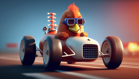 A cool chicken wearing racing goggles drives a race car on a racetrack.の素材