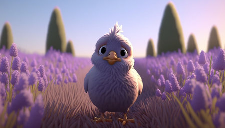 Adorable little chicken enjoys the beauty of the lavender fieldの素材