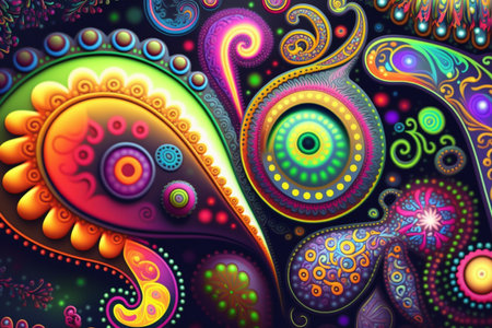 Colorful paisley pattern inspired by the 60s hippie movement, featuring rainbow colorsの素材