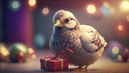 This festive chicken is bringing some Christmas cheer with a special gift in handの素材