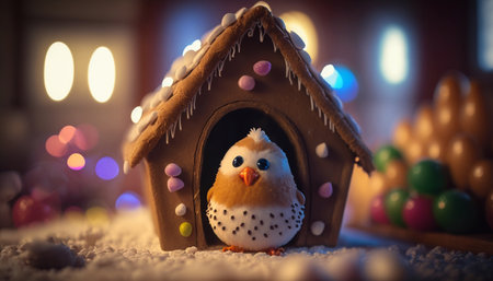 A cute and fluffy chicken posing in front of a festive gingerbread houseの素材