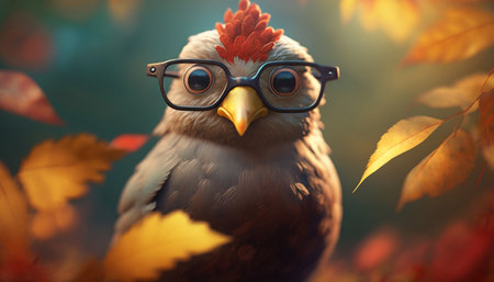 A cute little chick wearing glasses is surrounded by beautiful, colorful autumn leaves.の素材