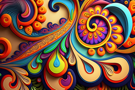 Colorful paisley pattern inspired by the 60s hippie movement, featuring rainbow colorsの素材