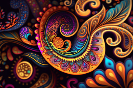 Colorful paisley pattern inspired by the 60s hippie movement, featuring rainbow colorsの素材