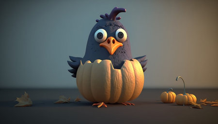 A funny chicken sitting in a pumpkin, looking surprised and amusedの素材