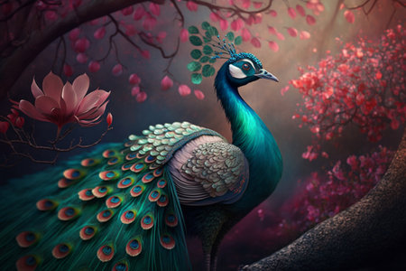 Experience the enchantment of a majestic Chinese peacock in a magical garden of vibrant blossomsの素材
