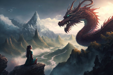 A young girl gazes up at a majestic dragon perched on a mountaintop in a mystical Chinese landscape. The scene is magical and otherworldly.の素材